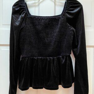 NWT Gap Long Sleeve Black Velvet Smocked Peplum top M